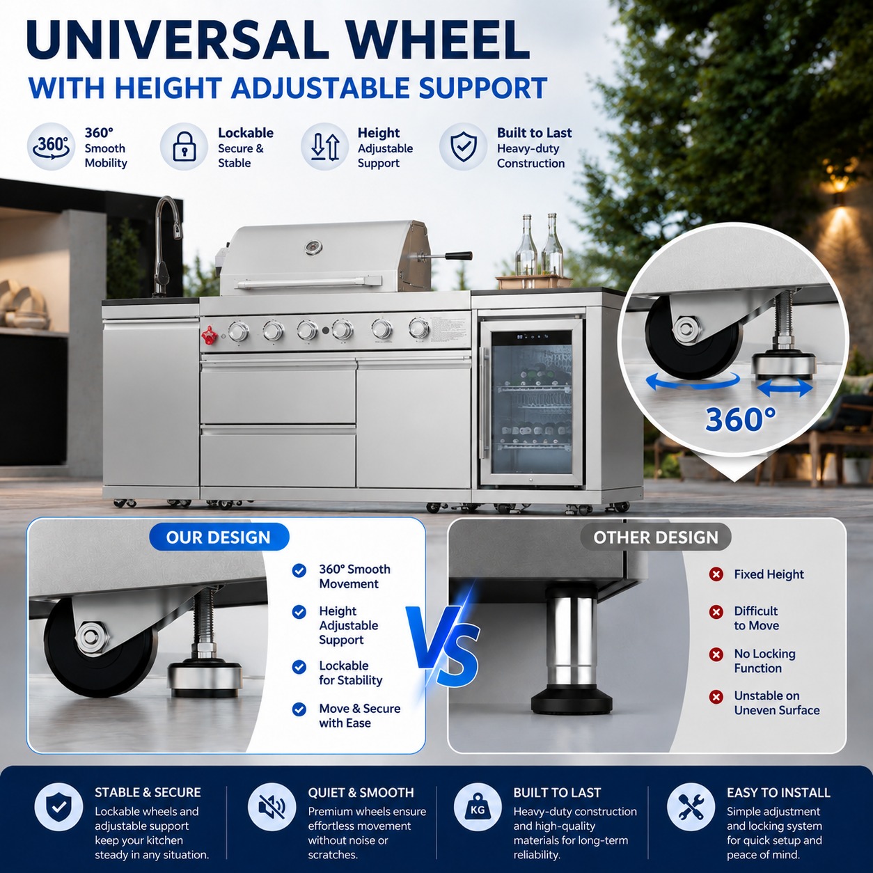 Outdoor Kitchen Island 85.2 Inch 4+1 Burner Propane Gas BBQ Grill 71500 BTU 304 Stainless Steel Silver Color With CSA, ETL Certification + Sink + Refrigerator + Bar Table