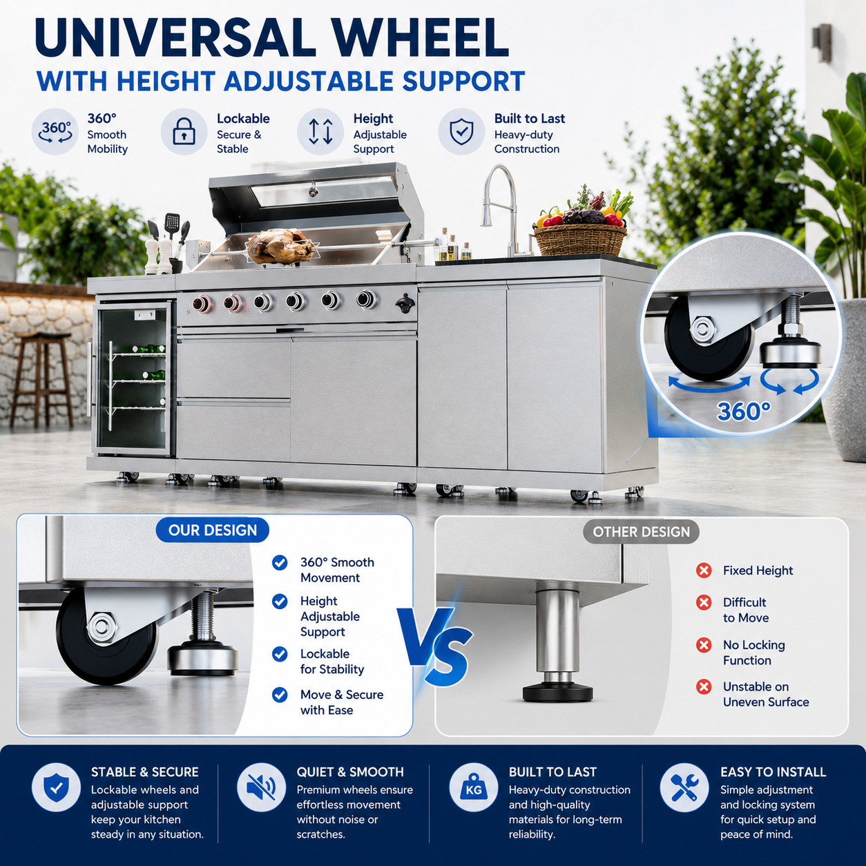 46-Inch 4-Burner 72000 BTU Deluxe Stainless Steel Gas Outdoor Kitchen Bar Barbecue Island Grill  + Wine Cooler Compact Refrigerator + Rotisserie + Granite Countertops + Storage Cabinets & Drawers