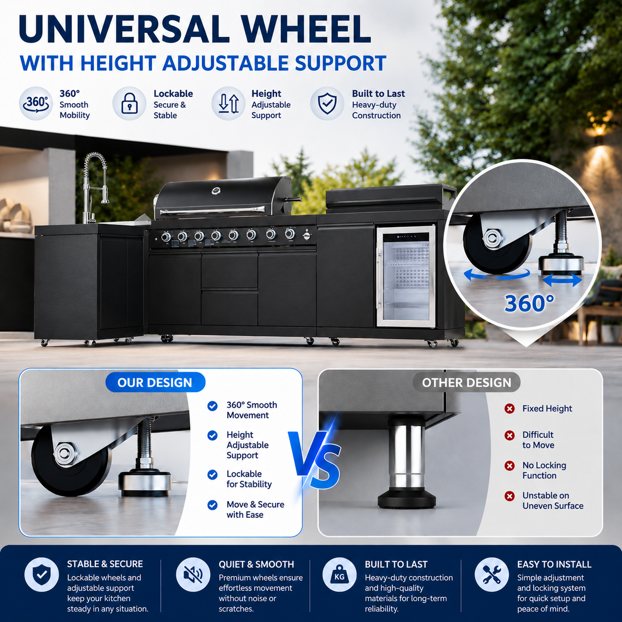 Outdoor Kitchen Island 95.8 Inch 6+1 Burner Propane Gas BBQ Grill 95500 BTU 304 Stainless Steel Black Color With CSA, ETL Certification + Sink + Refrigerator + Bar Table