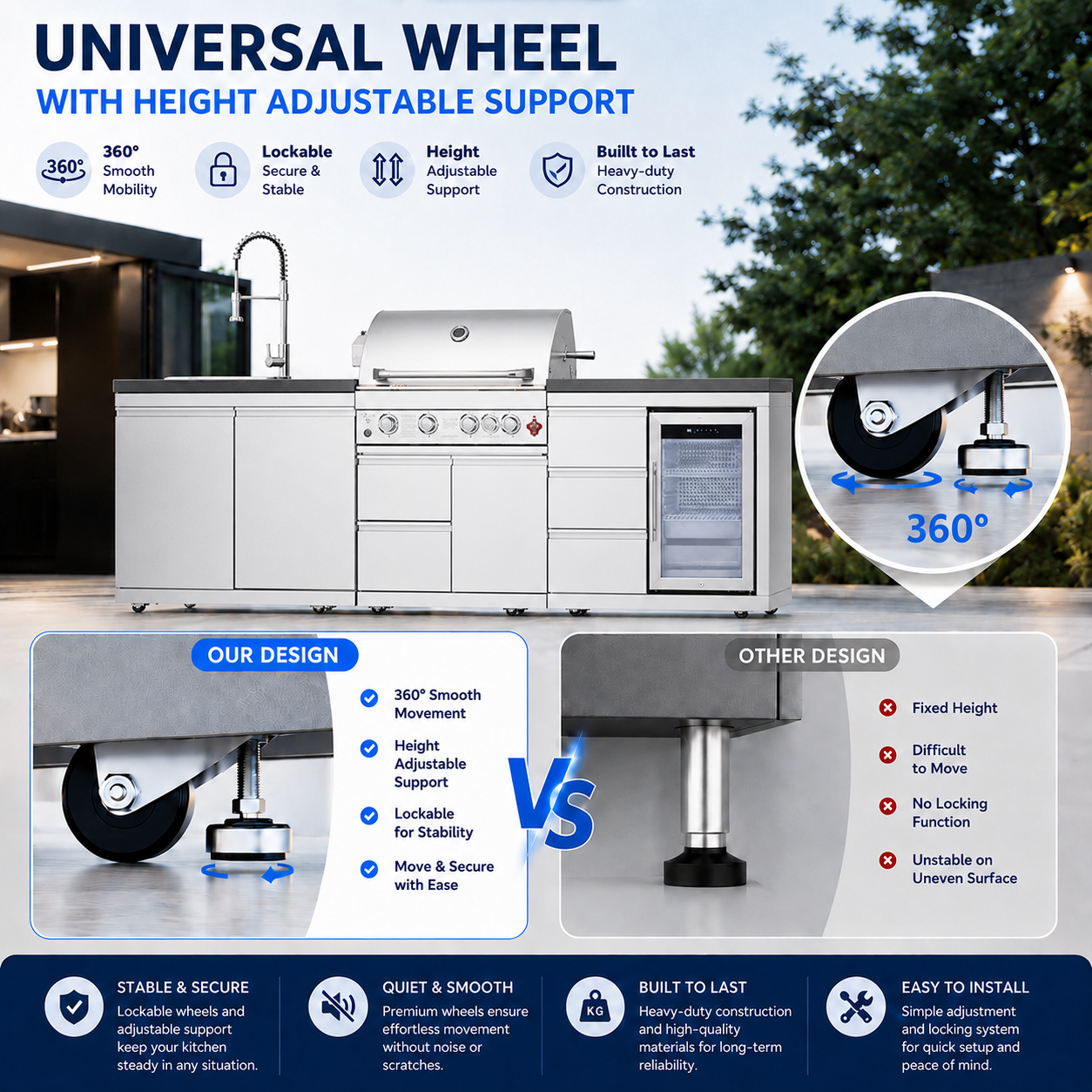 Outdoor Kitchen Island 102.4 Inch 4 Burner Propane Gas BBQ Grill 59500 BTU 304 Stainless Steel Silver Color With CSA, ETL Certification + Sink + Refrigerator