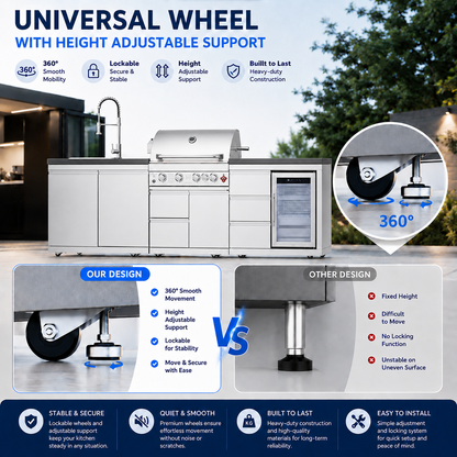 Outdoor Kitchen Island 102.4 Inch 4 Burner Propane Gas BBQ Grill 59500 BTU 304 Stainless Steel Silver Color With CSA, ETL Certification + Sink + Refrigerator