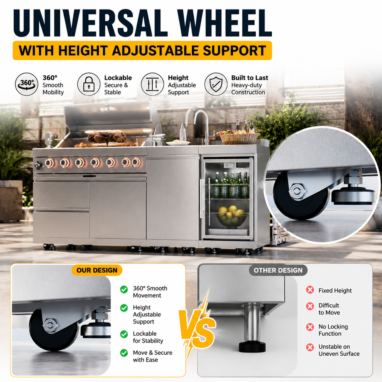 44-Inch 6-Burner 85,000 BTU Deluxe Stainless Steel Gas Outdoor Kitchen Island Grill with Wine Cooler Refrigerator, Rotisserie, Granite Countertops, Storage Cabinets & Drawers