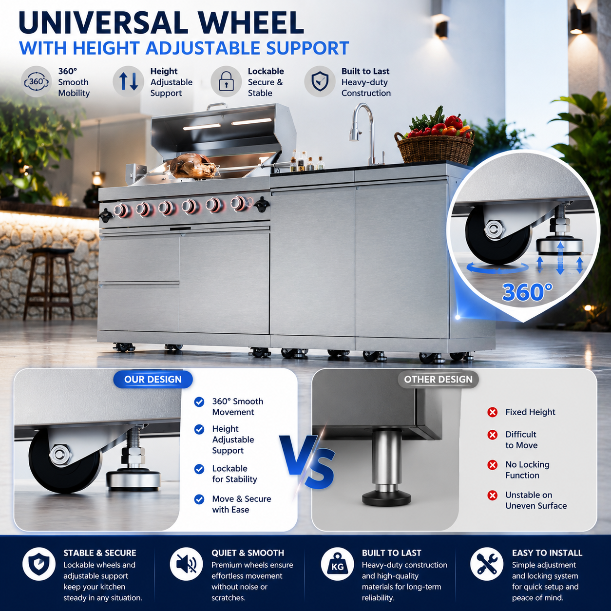 46-Inch 4-Burner 72000 BTU Deluxe Stainless Steel Gas Outdoor Kitchen Bar Barbecue Island Grill +Side B Rotisserie + Granite Countertops + Storage Cabinets & Drawers + Stainless Steel Sink/Faucet