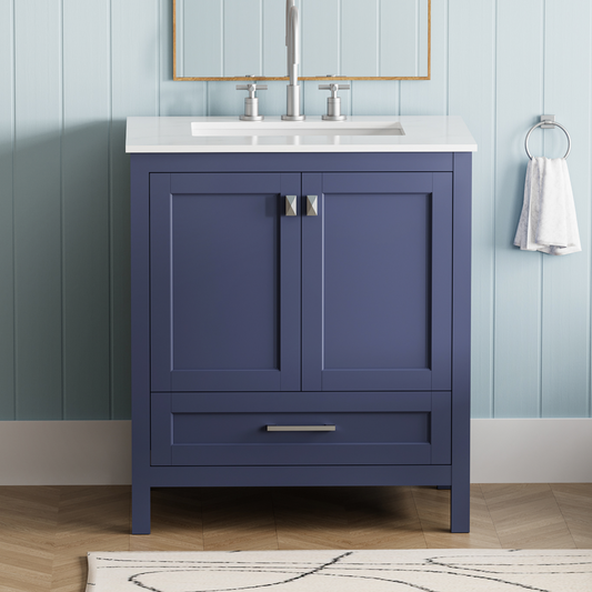 ExBrite 30" Freestanding Bathroom Vanity with Sink, Carrara Engineered Marble Vanity Top with Under-mounted Rectangular Ceramic Sink, Large Storage Soft-Close Door, Solid Wood Frame, Navy Blue - ExBriteUSA