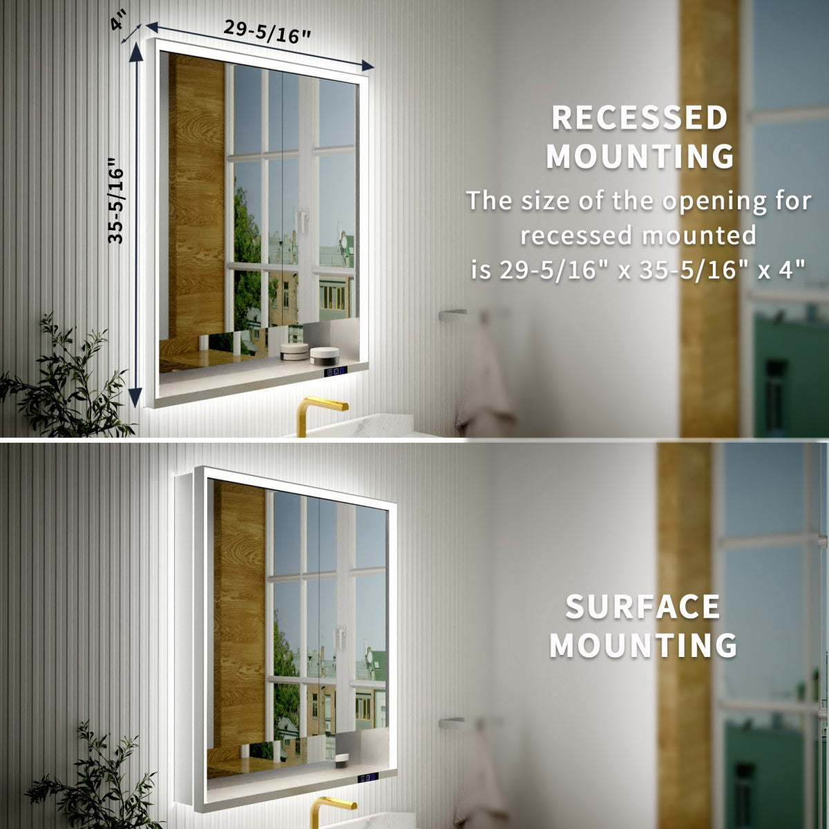 Ample 30" W x 36" H Contemporary Medicine Cabinet with LED Light, Mirror, and Shelves for Bathroom Recessed or Surface Mount
