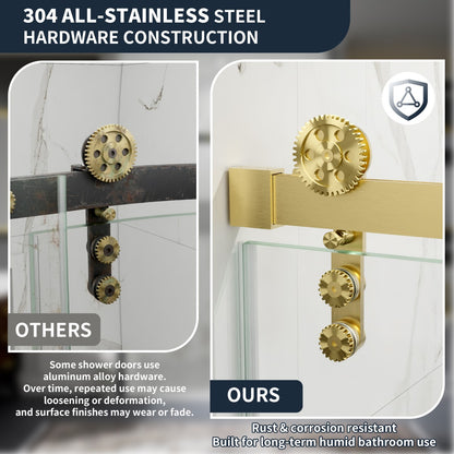 56-60" x 76" Frameless Sliding Shower door,Brushed Gold,Easy clean,Fixed glass left|ExBrite Elysian-S Series