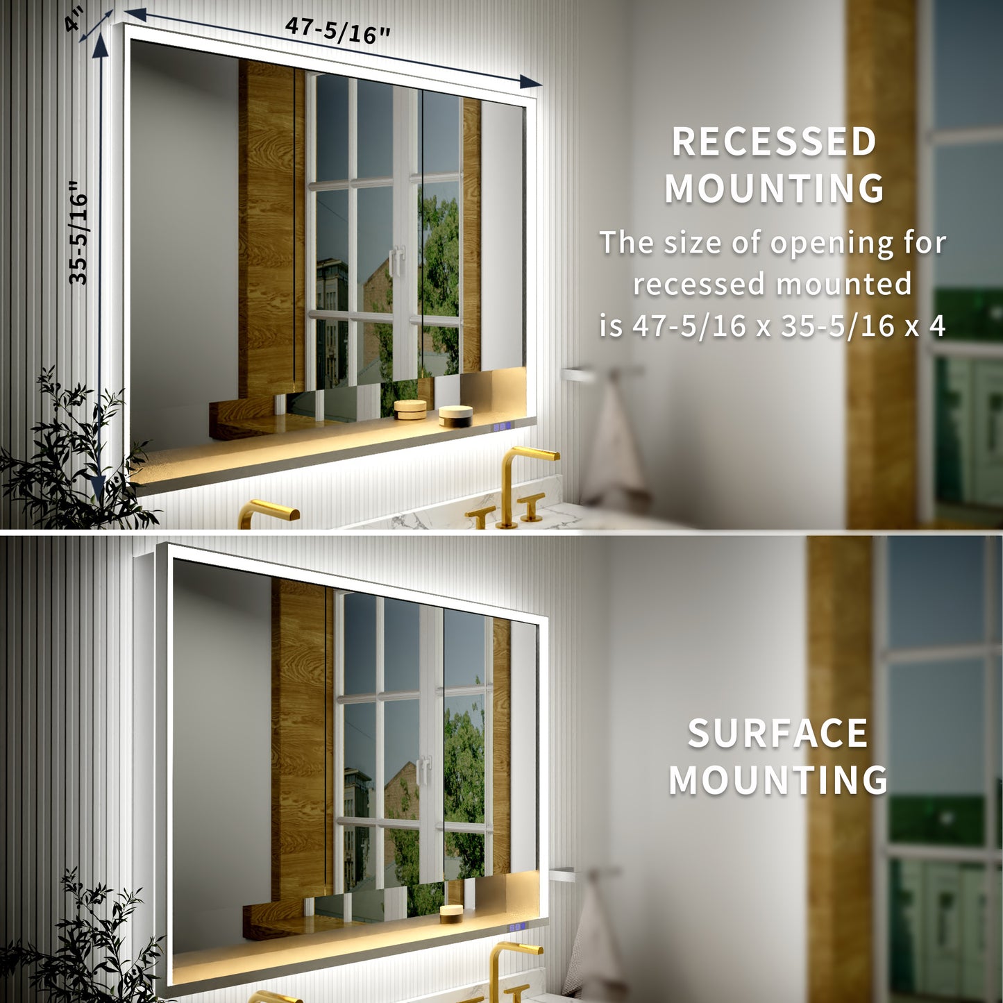 Ample 48" W x 36" H LED Lighted Chrome Medicine Cabinet with Mirror and Shelves for Bathroom Recessed or Surface Mount