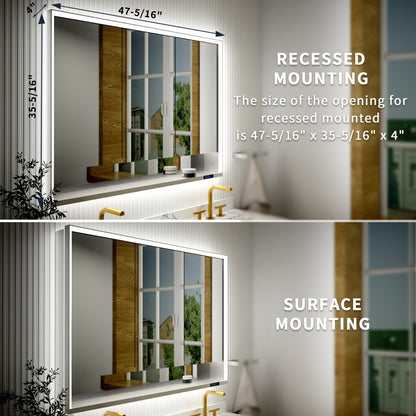 Ample 48" W x 36" H LED Lighted Chrome Medicine Cabinet with Mirror and Shelves for Bathroom Recessed or Surface Mount