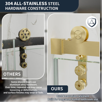 56-60" x 76" Frameless Sliding Shower door,Brushed Gold,Easy clean,Fixed Glass Left|ExBrite Elysian-R Series