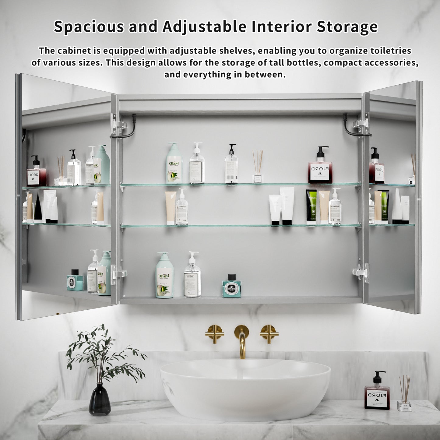ExBrite 36"W x 30"H LED Medicine Cabinet with Anti-Fog, Stepless Color Temperature and Dimming, Adjustable Shelves, Aluminum Frame, Recessed or Surface Mount - ExBriteUSA