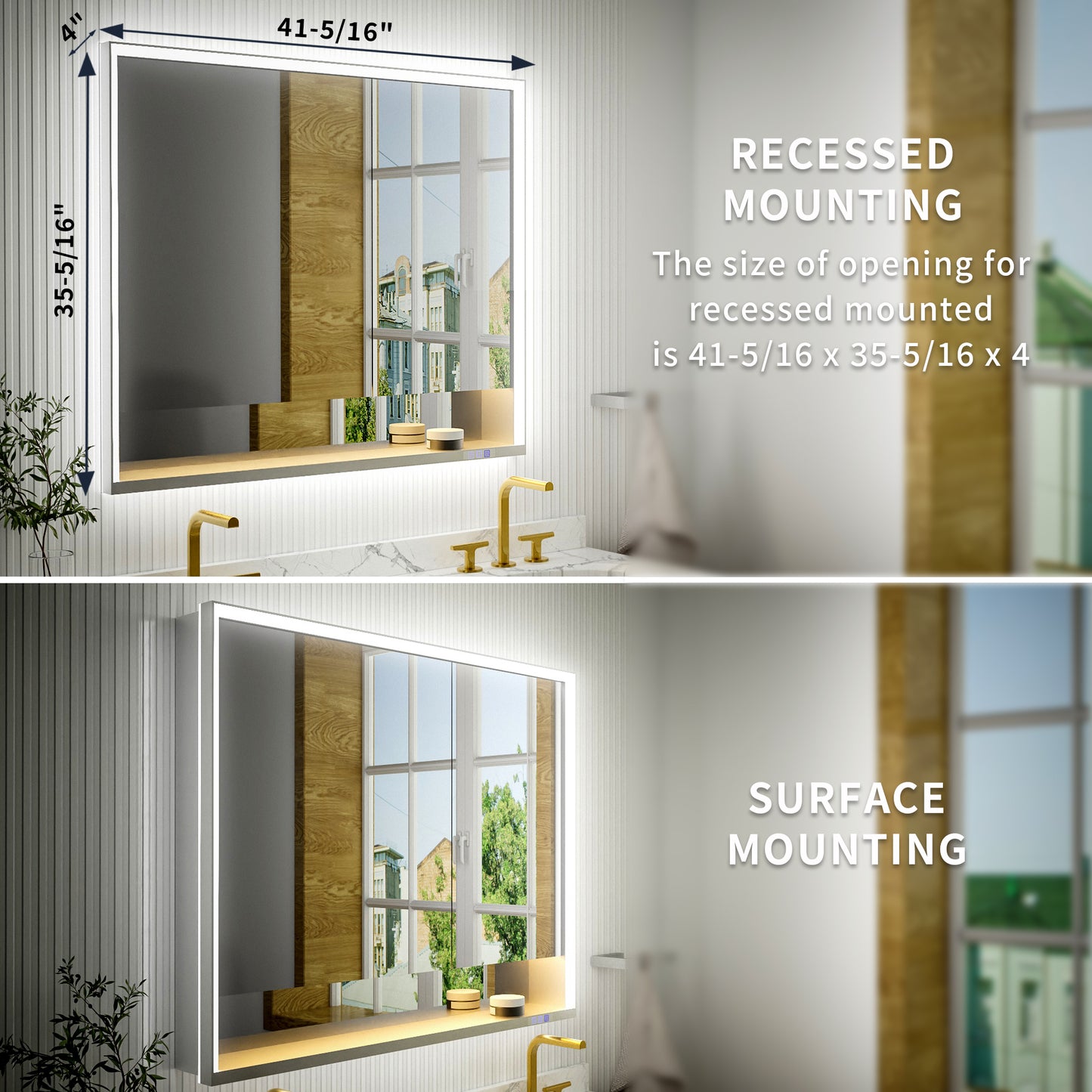 Ample 42" W x 36" H LED Lighted Chrome Medicine Cabinet with Mirror and Shelves for Bathroom Recessed or Surface Mount