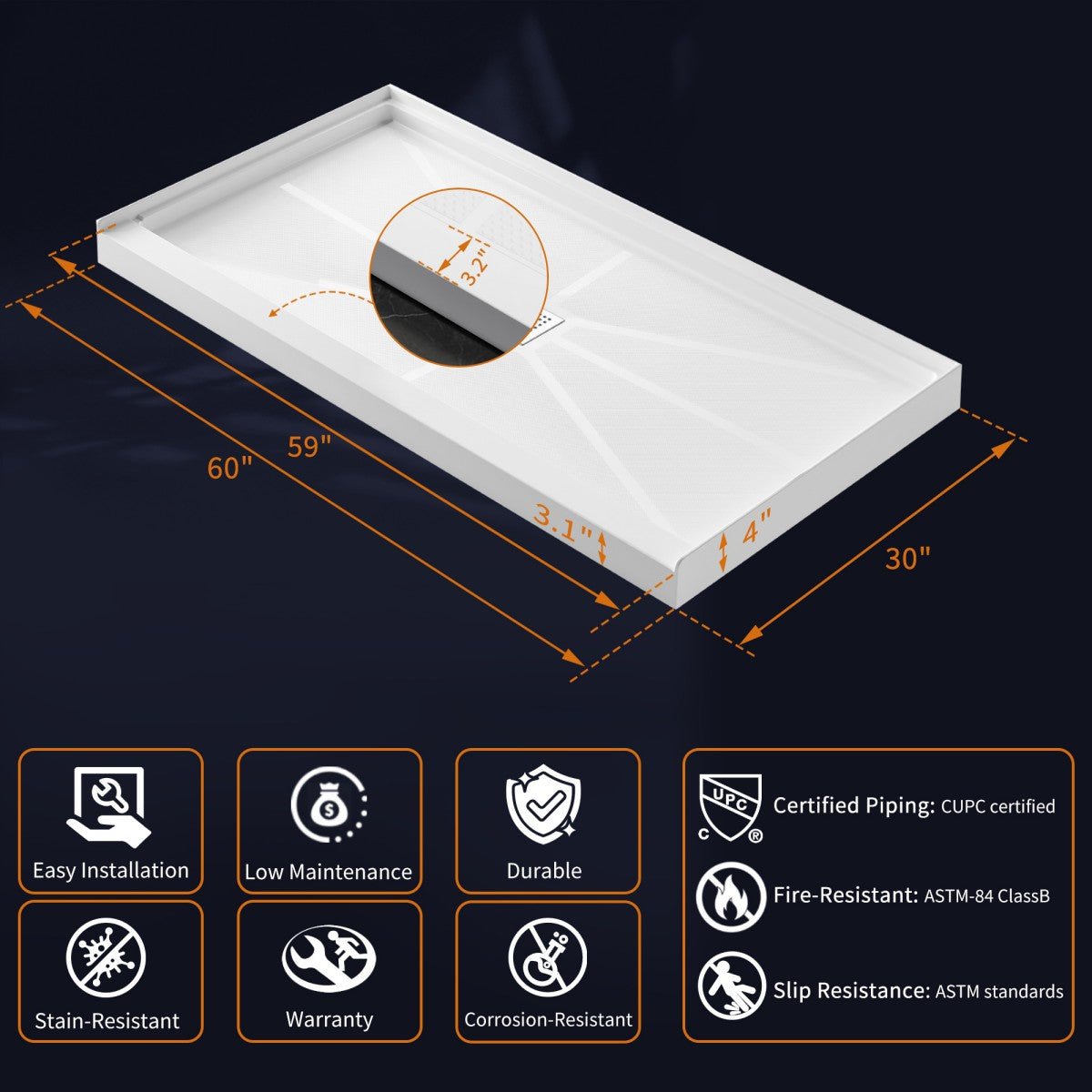 60 In Shower Base | Pequod-M 60"x30" Premium Solid Surface Shower Base, Stain-Resistant and Long-Lasting