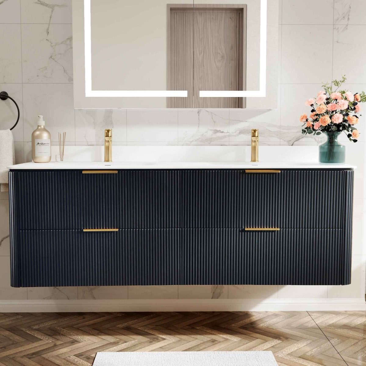 60 inch Floating Bathroom Vanity with Sink, Pre-Assembled, Wall Mounted Plywood Bathroom Storage Cabinet with Safety Rounded,Large Soft-Close Fluted Drawers & Metal Handles