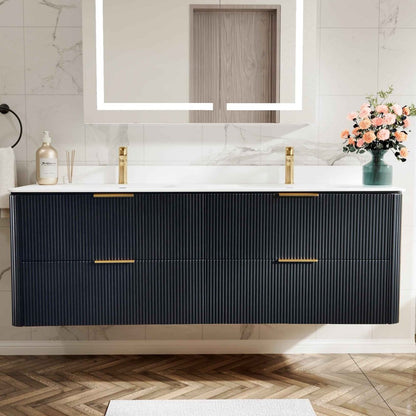 60 inch Floating Bathroom Vanity with Sink, Pre-Assembled, Wall Mounted Plywood Bathroom Storage Cabinet with Safety Rounded,Large Soft-Close Fluted Drawers & Metal Handles