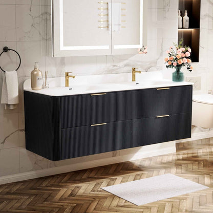 60 inch Floating Bathroom Vanity with Sink, Pre-Assembled, Wall Mounted Plywood Bathroom Storage Cabinet with Safety Rounded,Large Soft-Close Fluted Drawers & Metal Handles