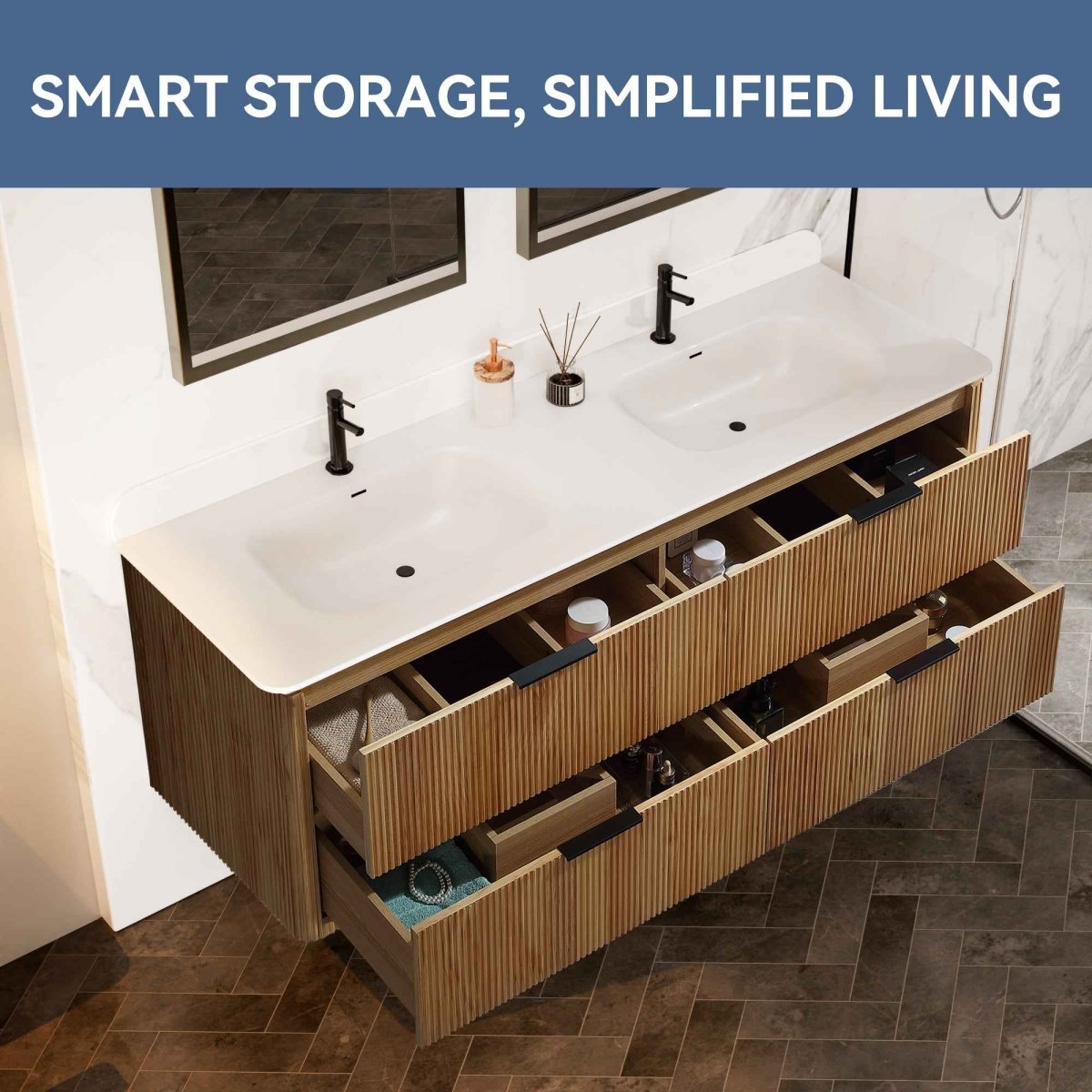 60 inch Floating Bathroom Vanity with Sink, Pre-Assembled, Wall Mounted Plywood Bathroom Storage Cabinet with Safety Rounded,Large Soft-Close Fluted Drawers & Metal Handles
