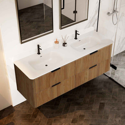 60 inch Floating Bathroom Vanity with Sink, Pre-Assembled, Wall Mounted Plywood Bathroom Storage Cabinet with Safety Rounded,Large Soft-Close Fluted Drawers & Metal Handles