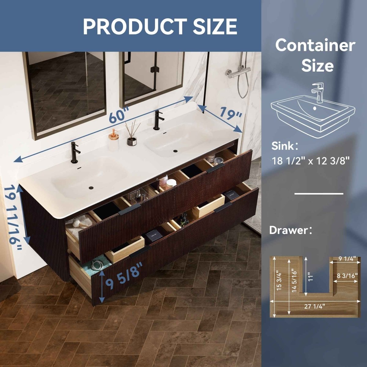 60 inch Floating Bathroom Vanity with Sink, Pre-Assembled, Wall Mounted Plywood Bathroom Storage Cabinet with Safety Rounded,Large Soft-Close Fluted Drawers & Metal Handles