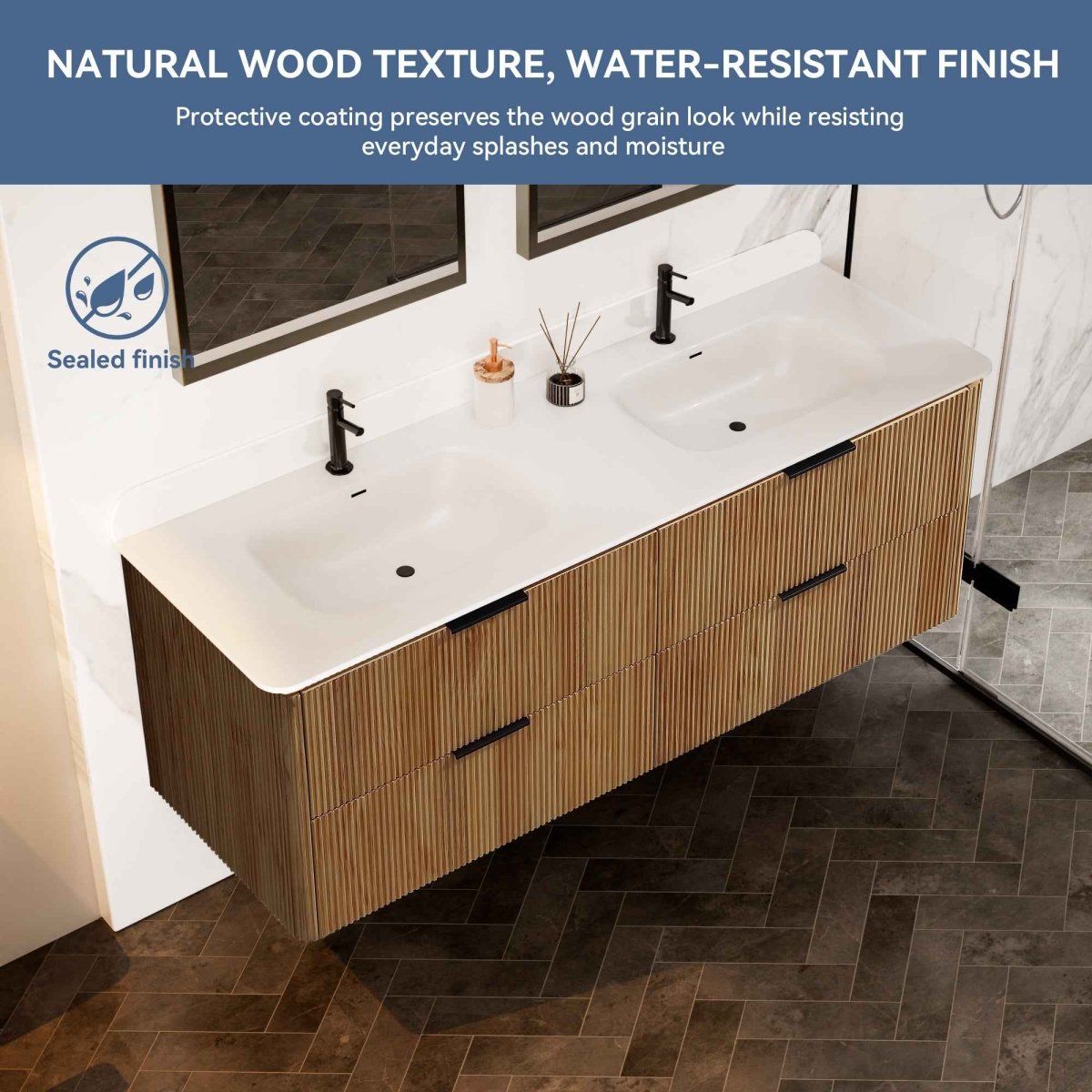 60 inch Floating Bathroom Vanity with Sink, Pre-Assembled, Wall Mounted Plywood Bathroom Storage Cabinet with Safety Rounded,Large Soft-Close Fluted Drawers & Metal Handles