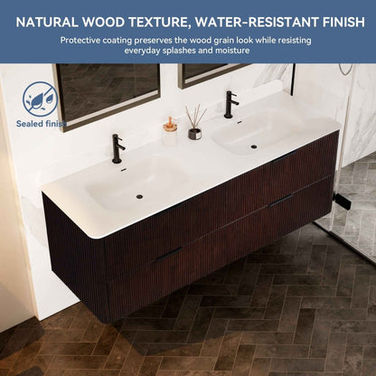 60 inch Floating Bathroom Vanity with Sink, Pre-Assembled, Wall Mounted Plywood Bathroom Storage Cabinet with Safety Rounded,Large Soft-Close Fluted Drawers & Metal Handles