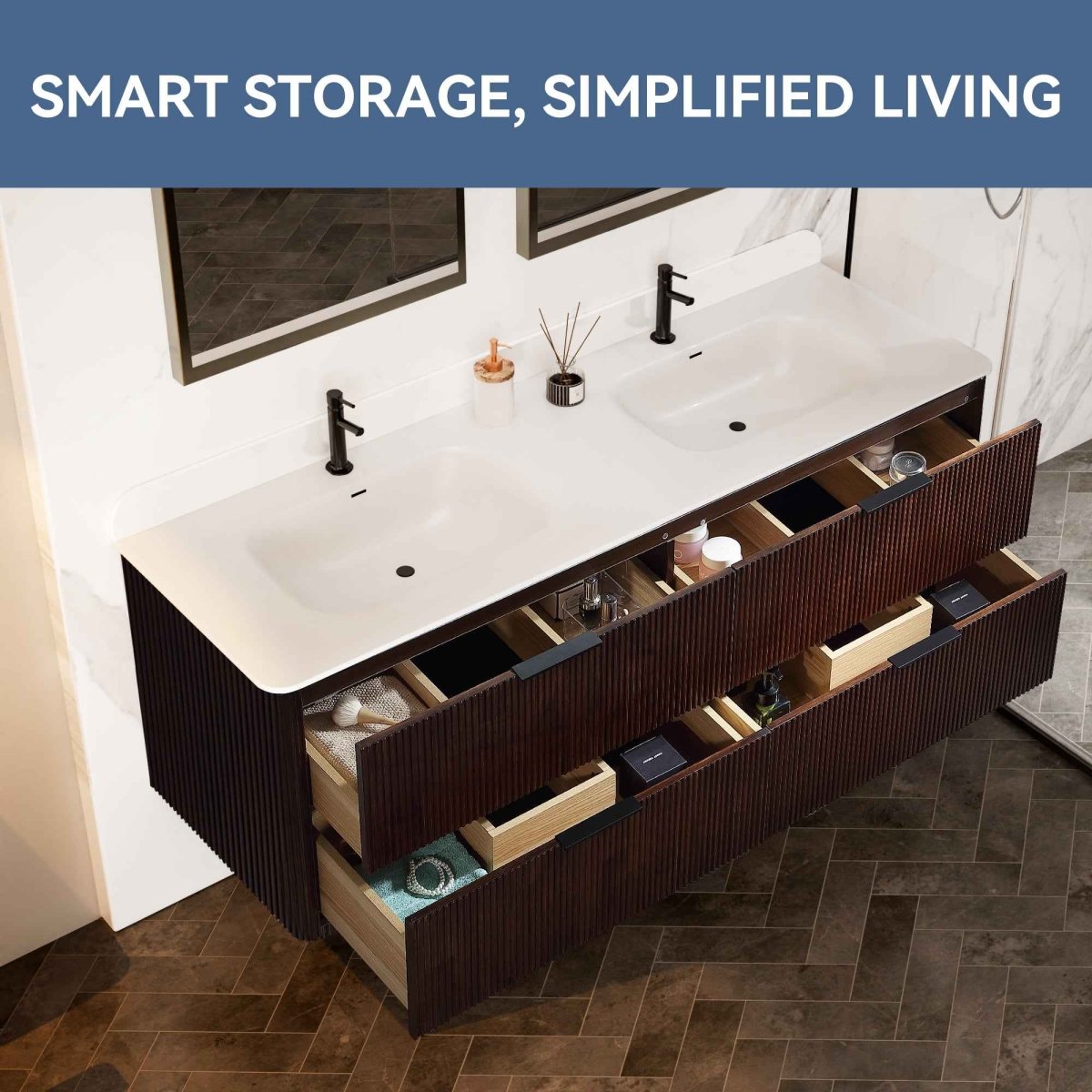 60 inch Floating Bathroom Vanity with Sink, Pre-Assembled, Wall Mounted Plywood Bathroom Storage Cabinet with Safety Rounded,Large Soft-Close Fluted Drawers & Metal Handles