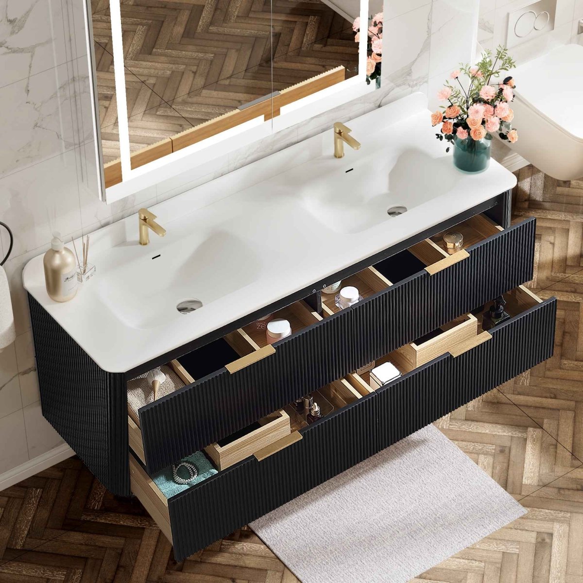 60 inch Floating Bathroom Vanity with Sink, Pre-Assembled, Wall Mounted Plywood Bathroom Storage Cabinet with Safety Rounded,Large Soft-Close Fluted Drawers & Metal Handles