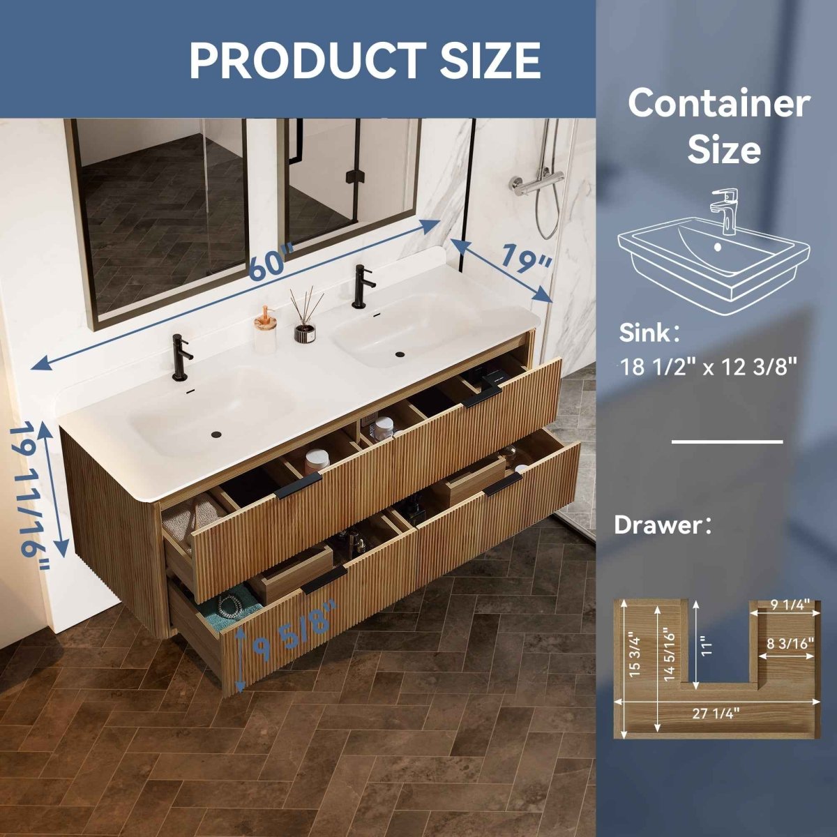 60 inch Floating Bathroom Vanity with Sink, Pre-Assembled, Wall Mounted Plywood Bathroom Storage Cabinet with Safety Rounded,Large Soft-Close Fluted Drawers & Metal Handles