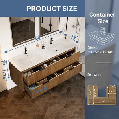 60 inch Floating Bathroom Vanity with Sink, Pre-Assembled, Wall Mounted Plywood Bathroom Storage Cabinet with Safety Rounded,Large Soft-Close Fluted Drawers & Metal Handles
