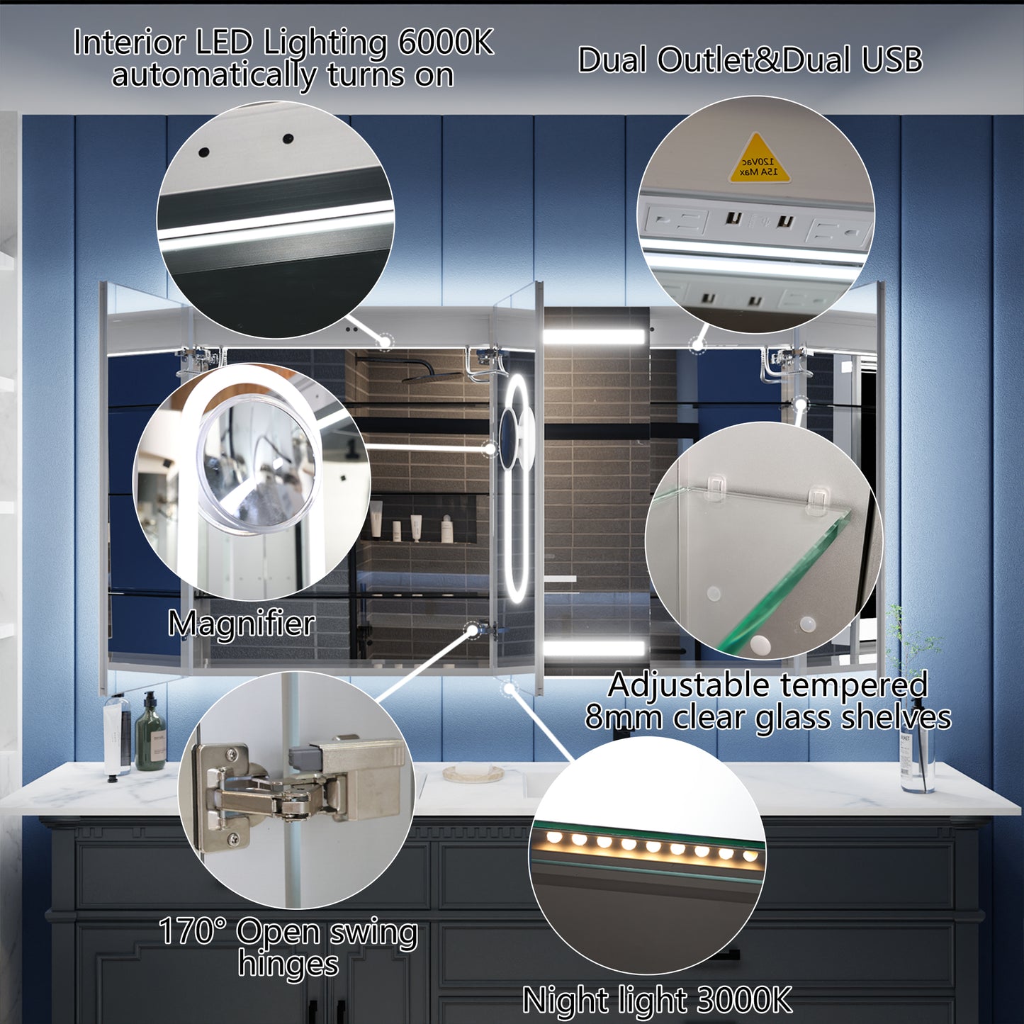 Illusion-B 60" x 36" LED Lighted Inset Mirrored Medicine Cabinet with Magnifiers Front and Back Light - ExBriteUSA