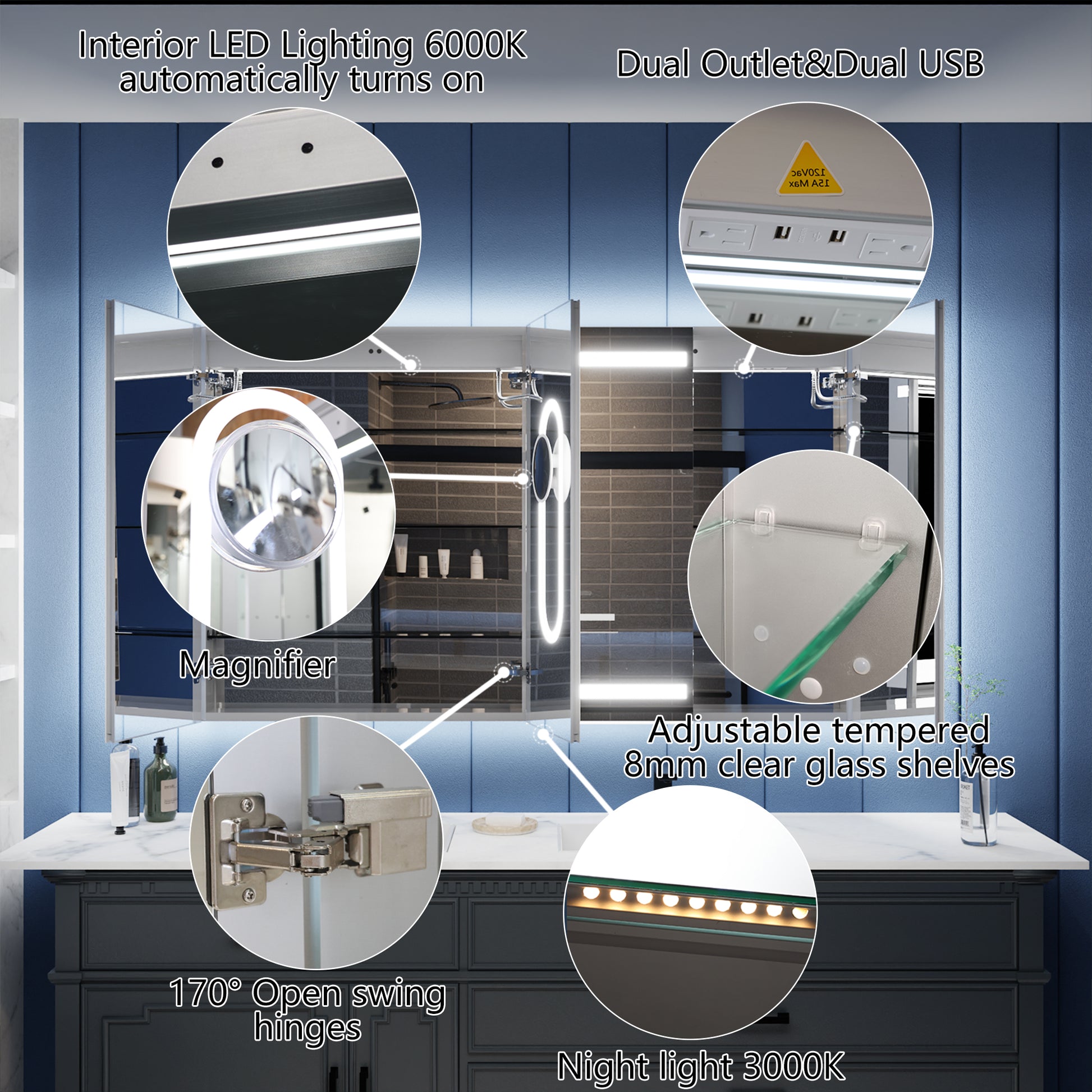 Illusion-B 60" x 36" LED Lighted Inset Mirrored Medicine Cabinet with Magnifiers Front and Back Light - ExBriteUSA