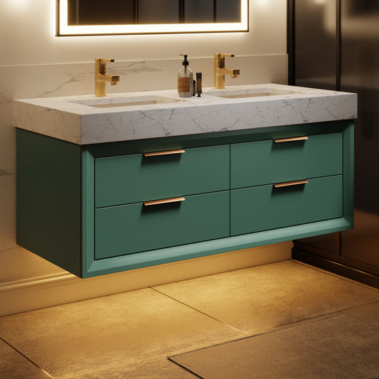 Glam 48" Modern Floating Green Rubberwood Bathroom Vanity Cabinet with Lights and Stone Slab Countertop, Dual Sinks