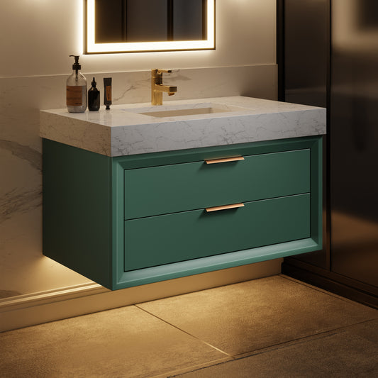 Glam 36" Modern Floating Green Rubberwood Bathroom Vanity Cabinet with Lights and Stone Slab Countertop, Single Sinks