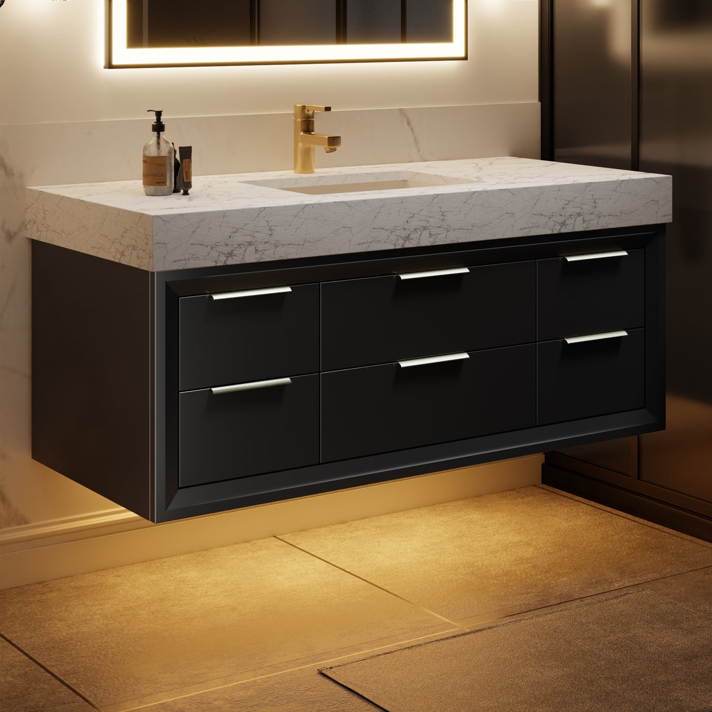 Glam 48 Inch Bathroom Vanity with Top - Modern Floating Black Rubberwood Cabinet with Lights and Stone Slab Countertop, Single Sink