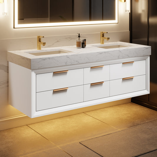 Glam 60" Modern Floating Rubberwood Bathroom Vanity Cabinet with Lights and Stone Slab Countertop in White
