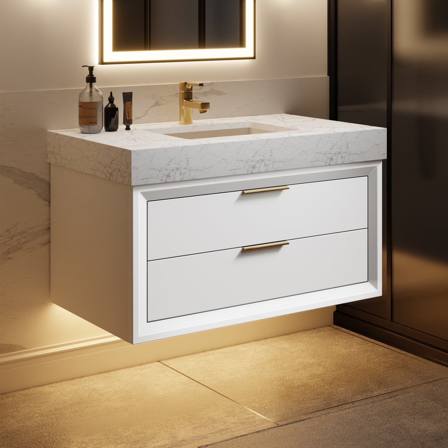 Glam 36" Modern White Bathroom Vanity with Floating Design, Lights, Stone Slab Countertop, and Single Sink