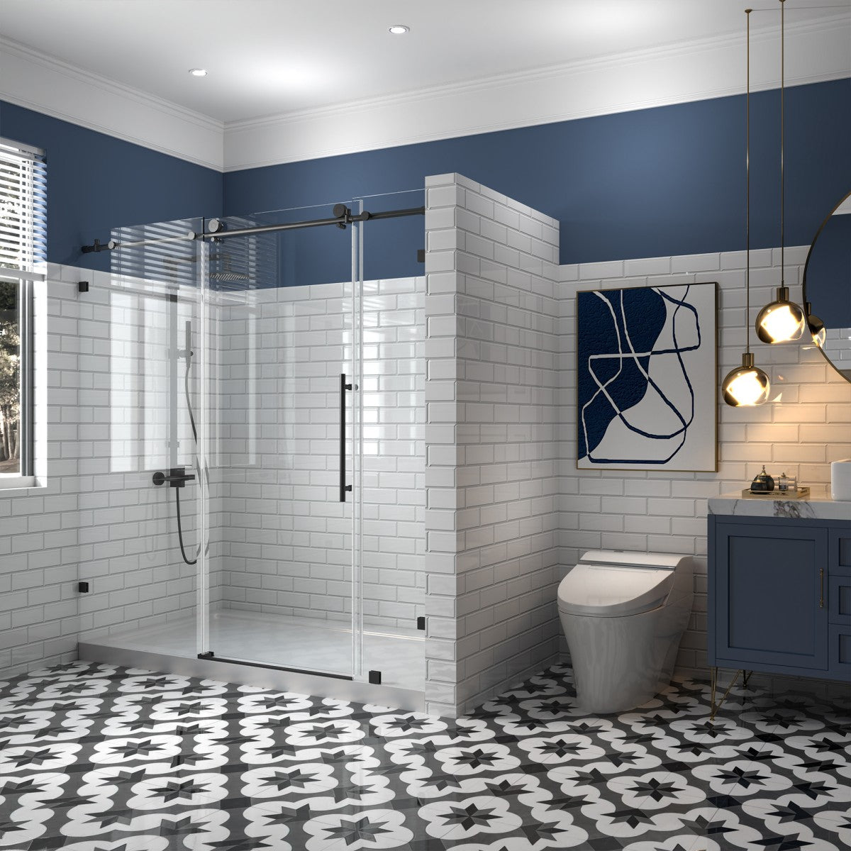 Norton Frameless Sliding Shower Door 72 in W x 74 in H,Matte Black,Frameless Shower Door with 5/16" (8mm) Clear Tempered Glass,Easy Clean - ExBriteUSA