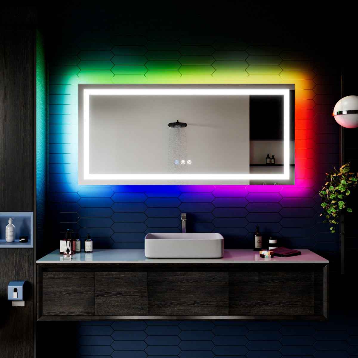 60"x 28" RGB Smart LED Bathroom Mirror–Color Changing Backlit Mirror with Anti-Fog & Dimmable Touch Control|Exbrite DYLUX