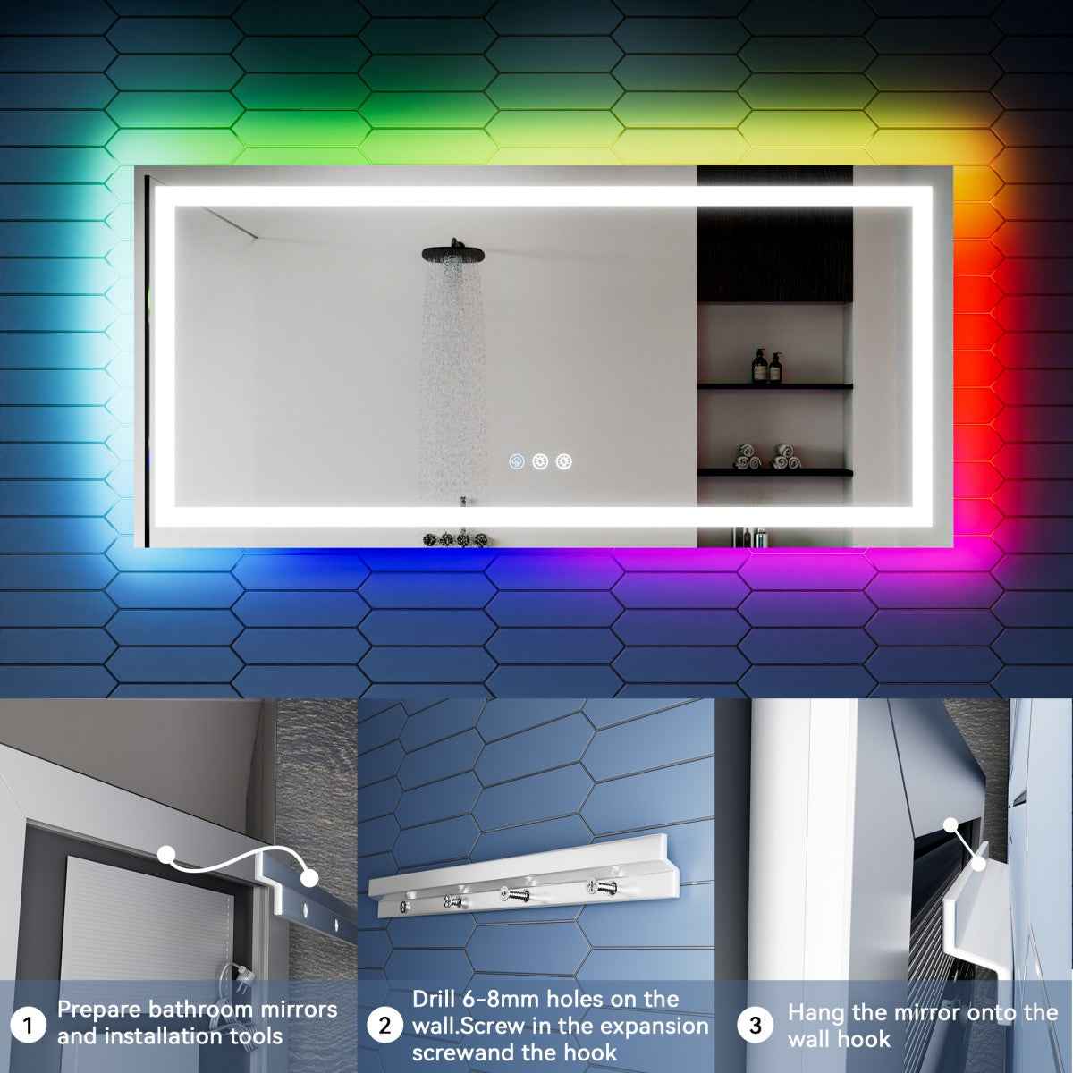 60"x 28" RGB Smart LED Bathroom Mirror–Color Changing Backlit Mirror with Anti-Fog & Dimmable Touch Control|Exbrite DYLUX