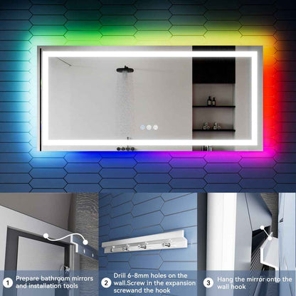 60"x 28" RGB Smart LED Bathroom Mirror–Color Changing Backlit Mirror with Anti-Fog & Dimmable Touch Control|Exbrite DYLUX