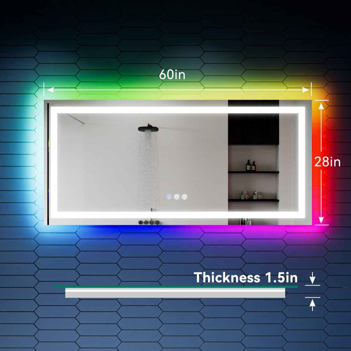 60"x 28" RGB Smart LED Bathroom Mirror–Color Changing Backlit Mirror with Anti-Fog & Dimmable Touch Control|Exbrite DYLUX
