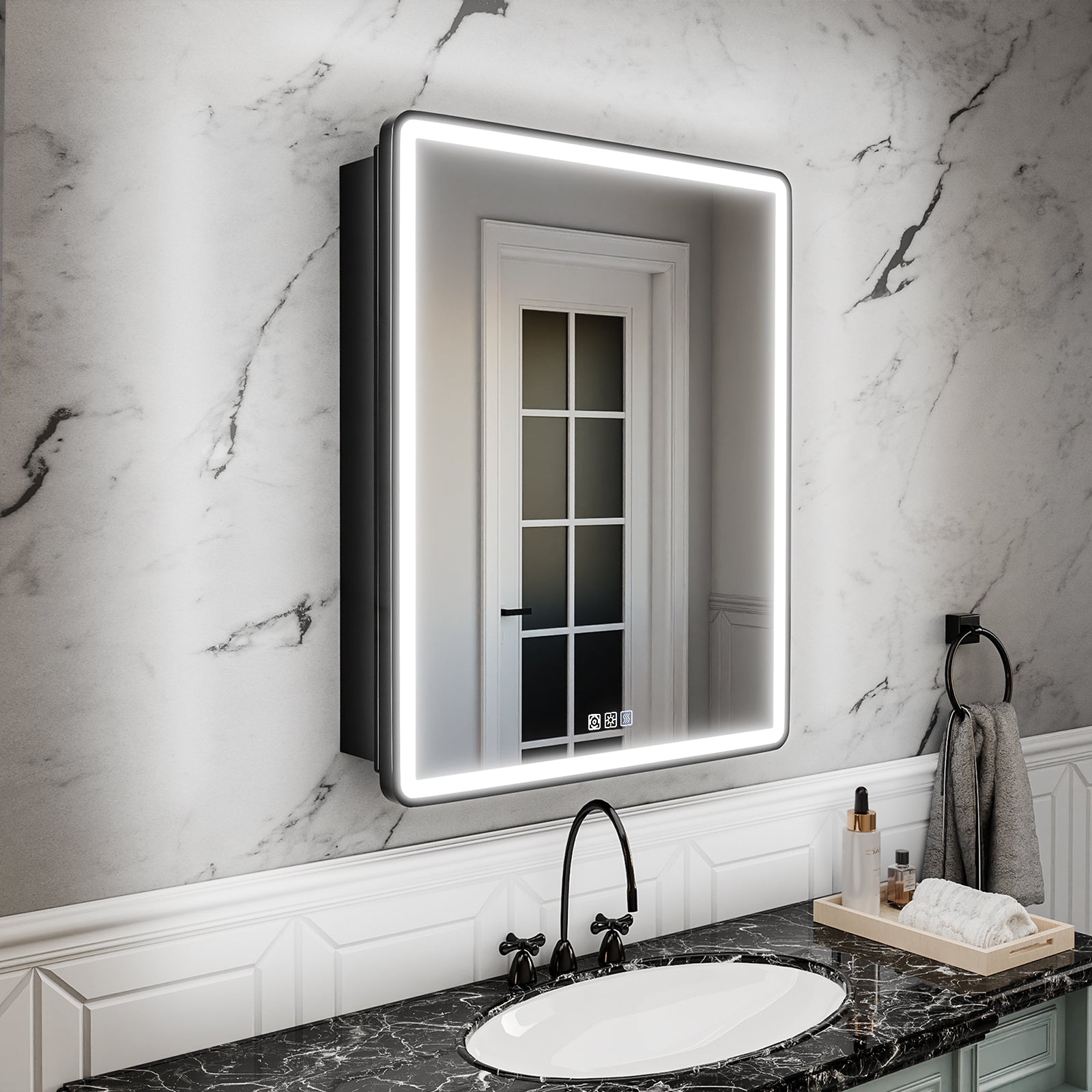 ExBrite 24" W x 30" H Light Medicine Cabinet Recessed or Surface Mount Adjustable Shelves Vanity Mirror Cabinet, Rounded Corner Door with Black Iron Frame, Hinge on the Right - ExBriteUSA