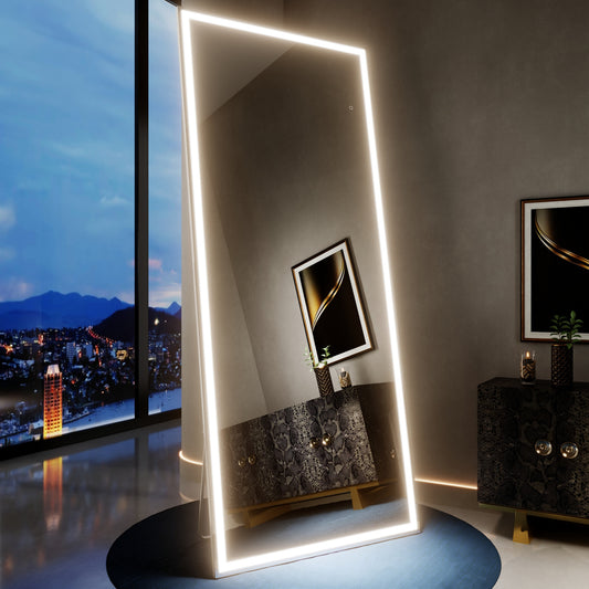 Nivor 82"x34" Dimmable LED Full-Length Floor Framed Mirror with Stand, 3-Color Lights & Wall-Mount Option