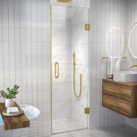 Valor 24"x72" Frameless Shower Door in Brush Gold,Water Repellent Glass with Seal Strip Parts and Handle,Glass Hinged Shower Door