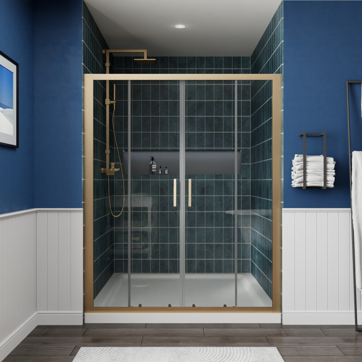 Holden 56-60"W x 70"H Easy Clean Shatter Proof Double Framed Sliding Shower Door with 1/4" (6mm) Clear SGCC Tempered Glass,Brushed Gold Finish