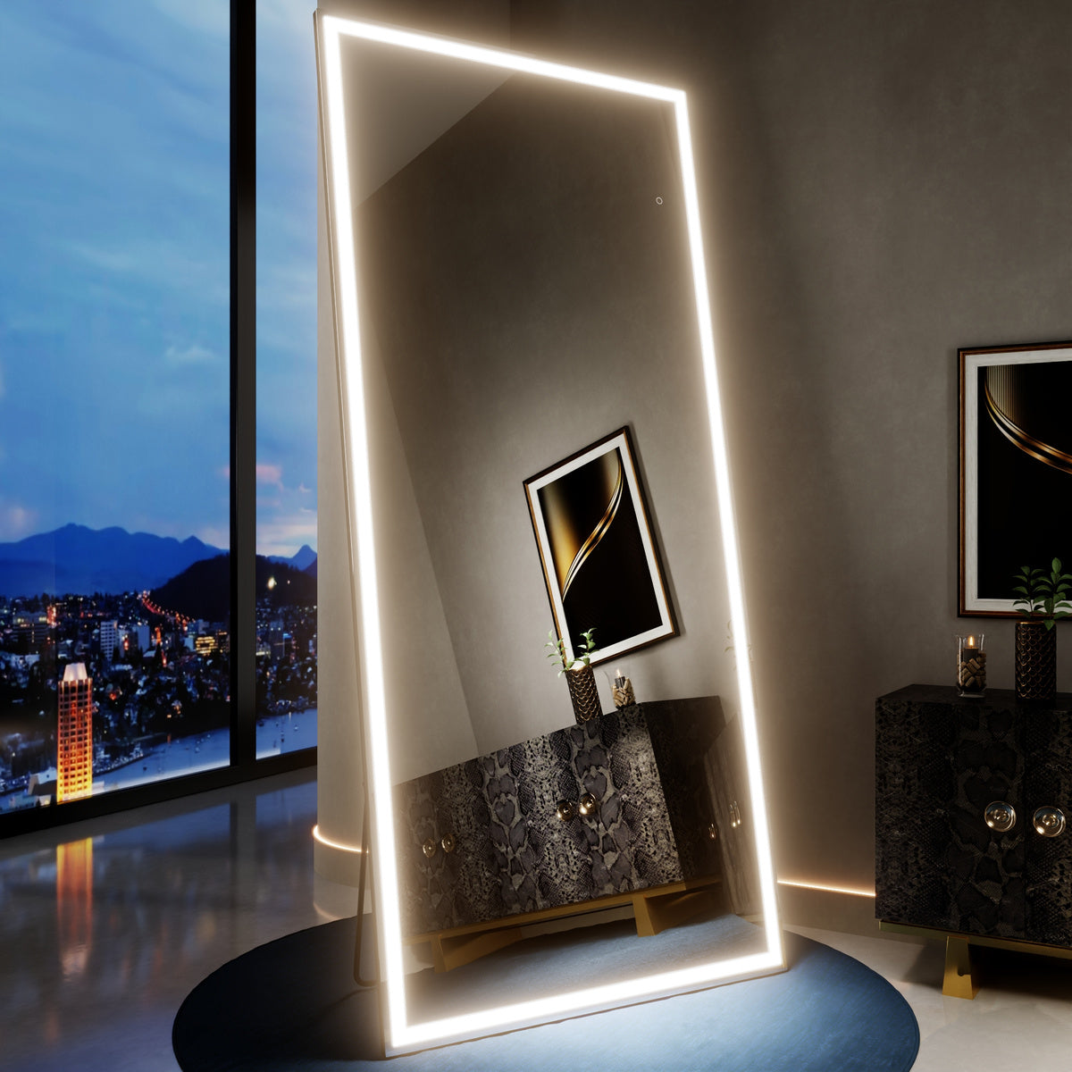 Nivor 80"x36" Dimmable LED Full-Length Floor Framed Mirror with Stand, 3-Color Lights & Wall-Mount Option
