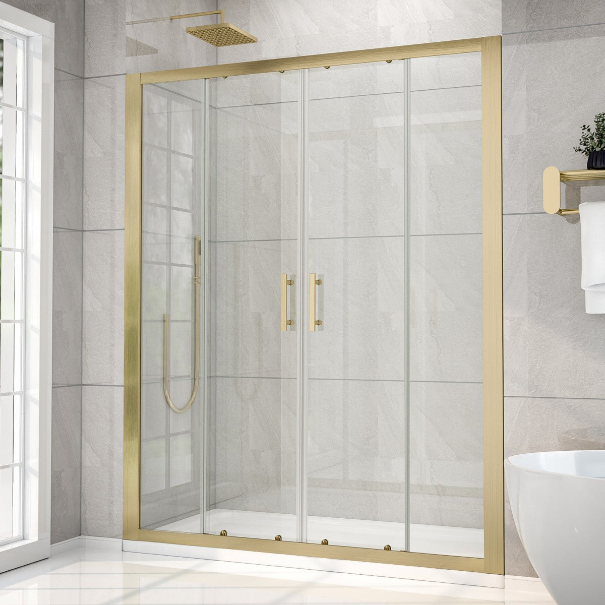Modern shower enclosure with gold frame in a bathroom setting
