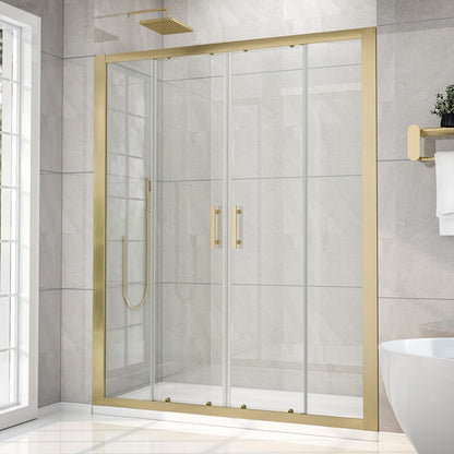 Modern shower enclosure with gold frame in a bathroom setting