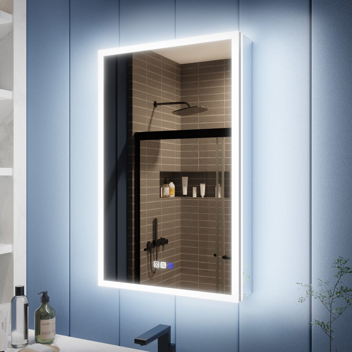 Bathroom mirror with LED lighting on a blue wall