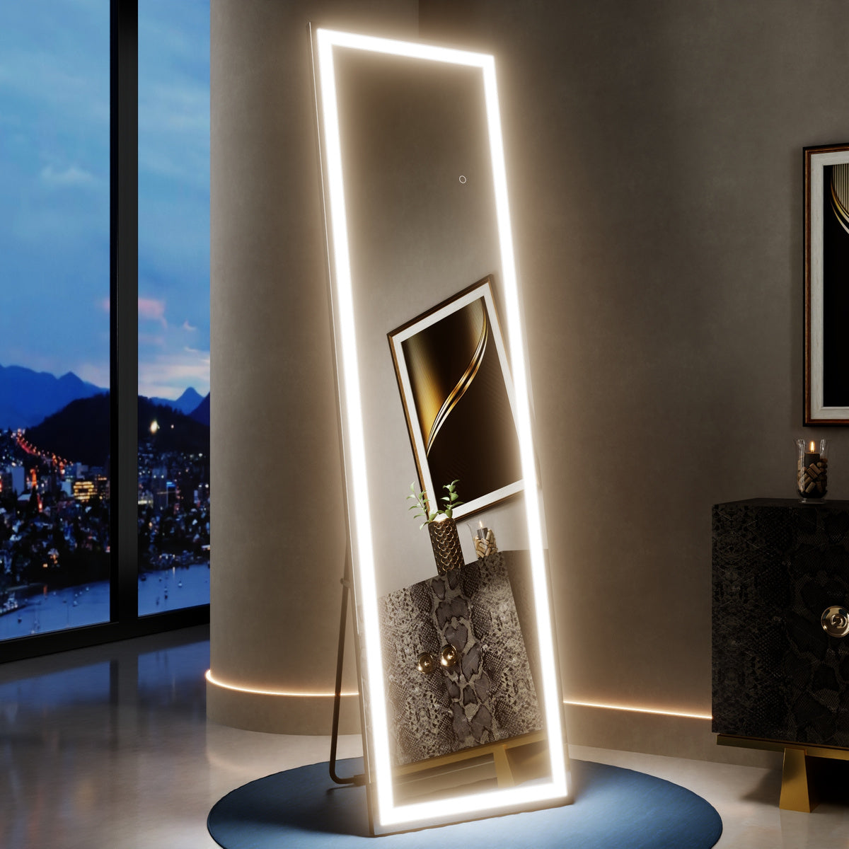 Nivor 60"x16" Dimmable LED Full-Length Floor Framed Mirror with Stand, 3-Color Lights & Wall-Mount Option