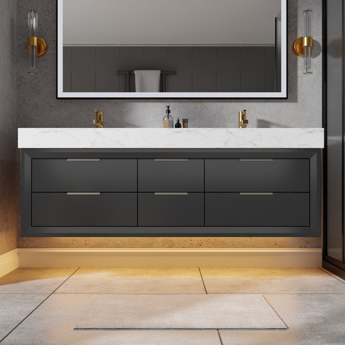 Glam 60" Black Floating Vanity 60 Modern Rubberwood Bathroom Cabinet with Lights and Stone Slab Countertop, Dual Sinks